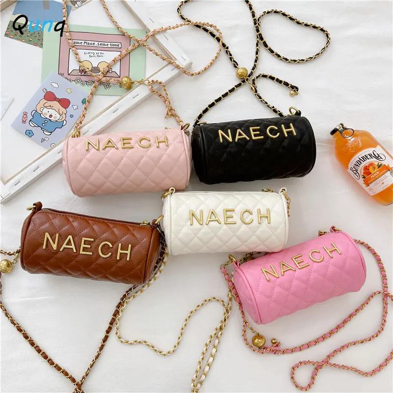 Qunq 2023 New Girls Fashion One Shoulder Crossbody Bag Alphabet  Rhombus Lattice Embroidery Lovely Line Cylinder bag